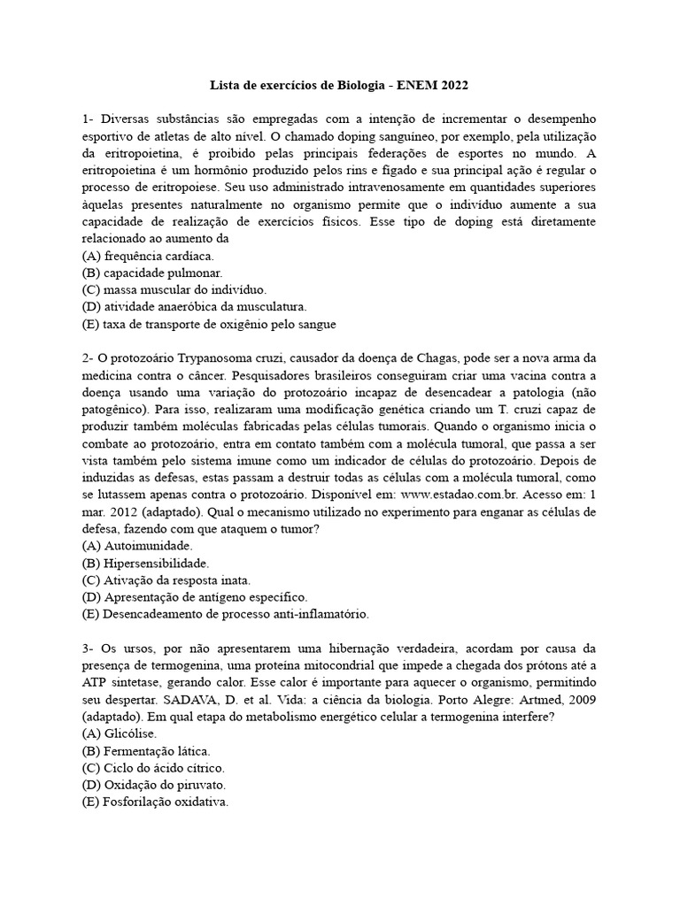 Exercícios de Biologia ENEM 2022 | PDF | Vírus | Gene
