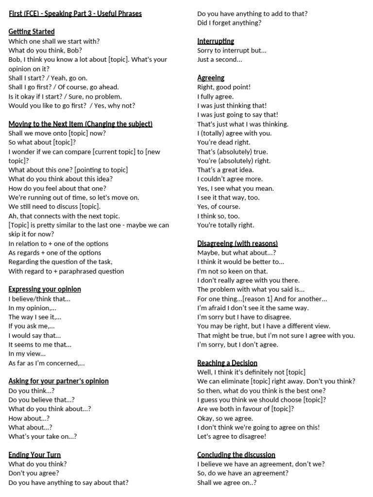 FCE Speaking Part 3: Key Phrases | PDF
