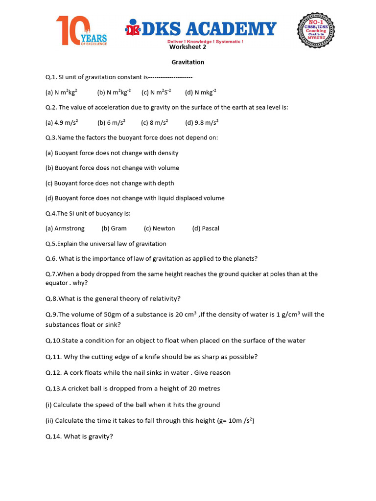 Worksheet 2Gravitation | PDF | Buoyancy | Gravity