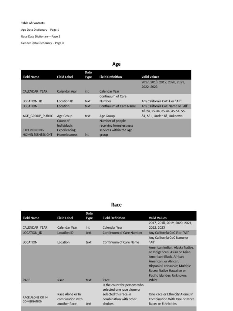 Data Dictionary All Homelessness Counts | PDF | Race And Ethnicity In ...