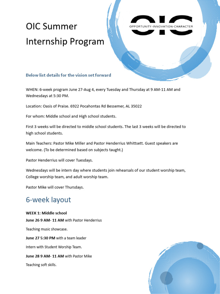 OIC Summer Internship Program: 6-Week Layout | PDF | Language Arts ...