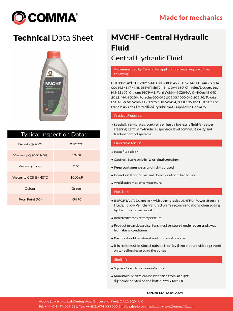 Technical Data Sheet MVCHF Central Hydraulic Fluid | PDF | Viscosity ...
