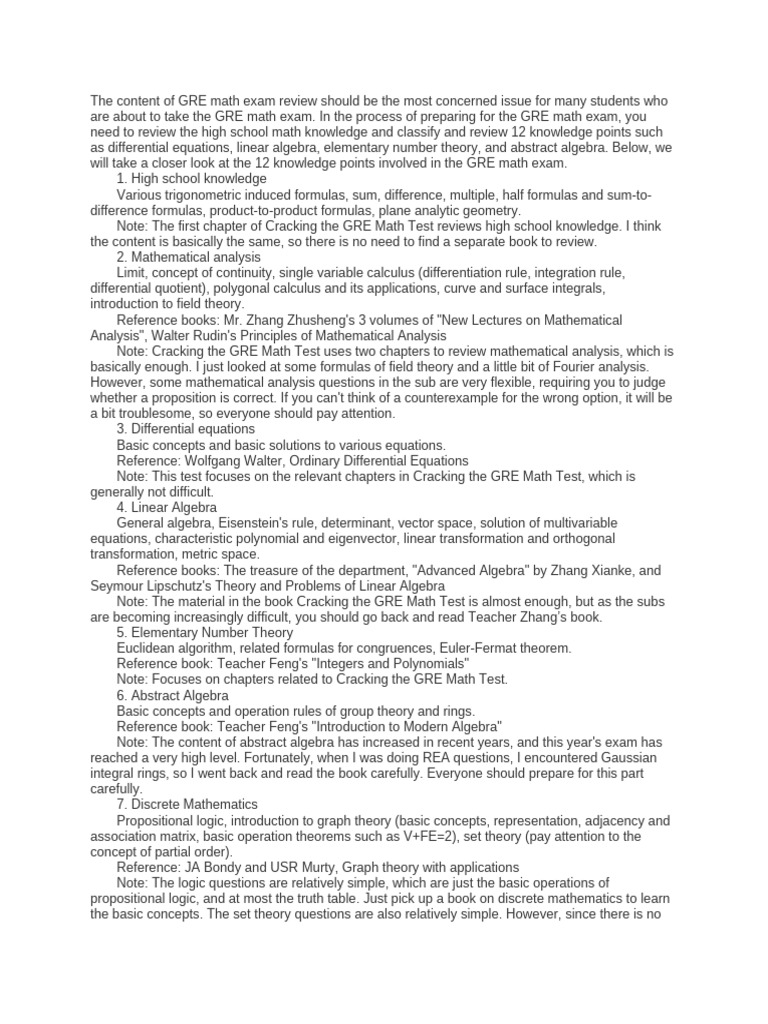 GRE Math Exam Review: Key Topics | PDF | Mathematics | Mathematical ...