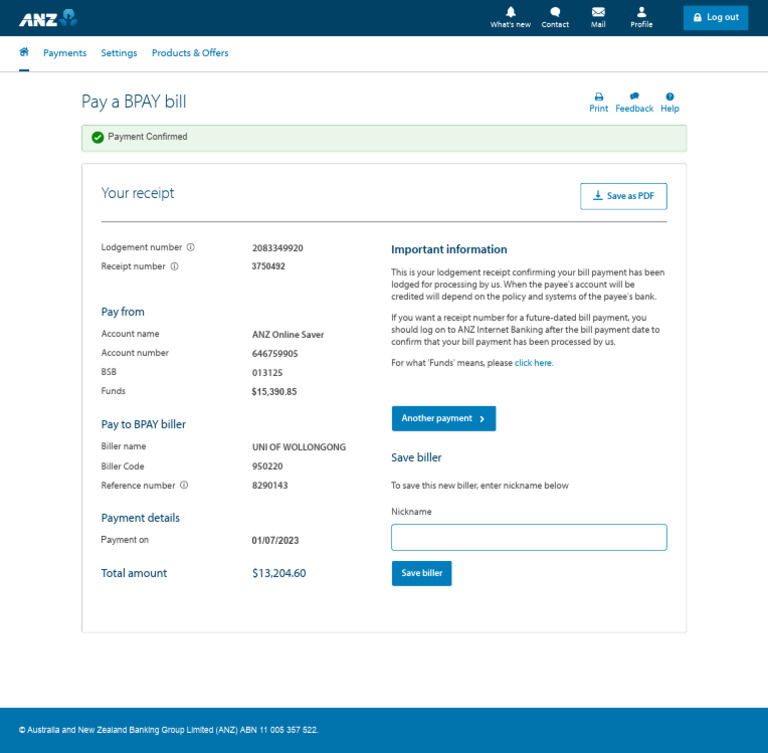ANZ BPAY Bill Payment Receipt | PDF | Money | Banking Technology