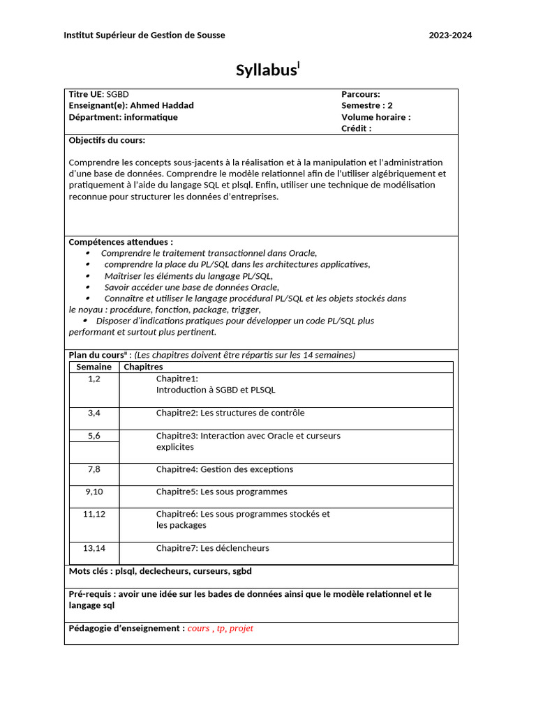 Syllabus SGBD - Institut Sousse 2023-2024 | PDF | Base de données ...