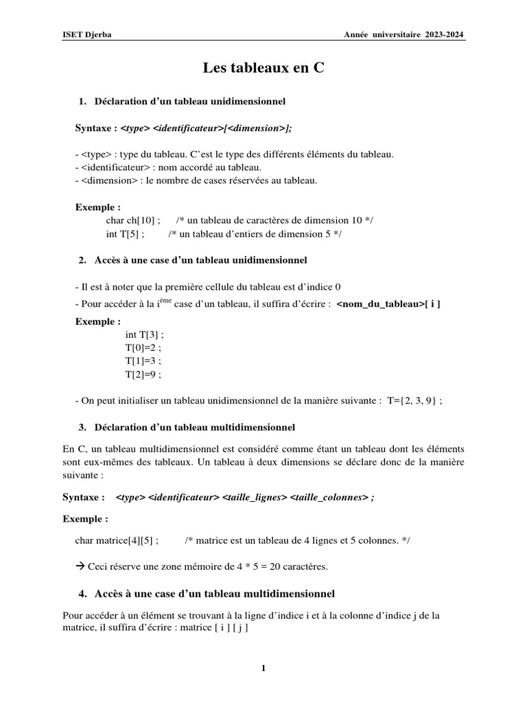 Tableaux en C : Unidimensionnels et Multidimensionnels | PDF