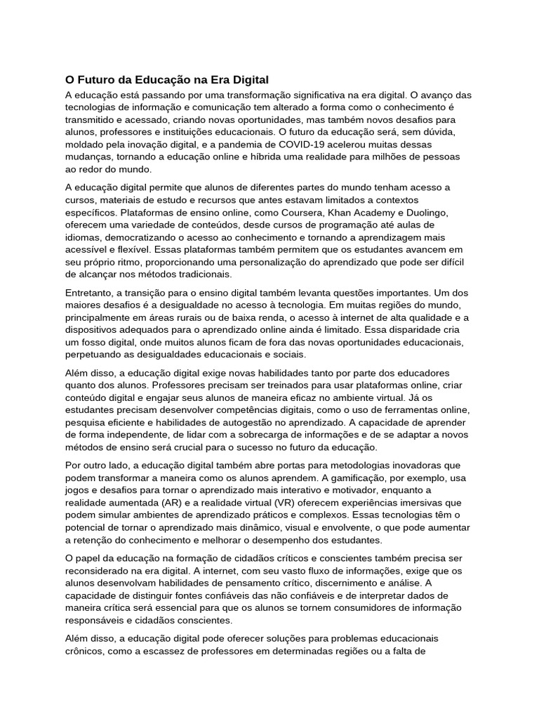 Futuro da Educação Digital e Desafios | PDF | Aprendizado | Tecnologia ...