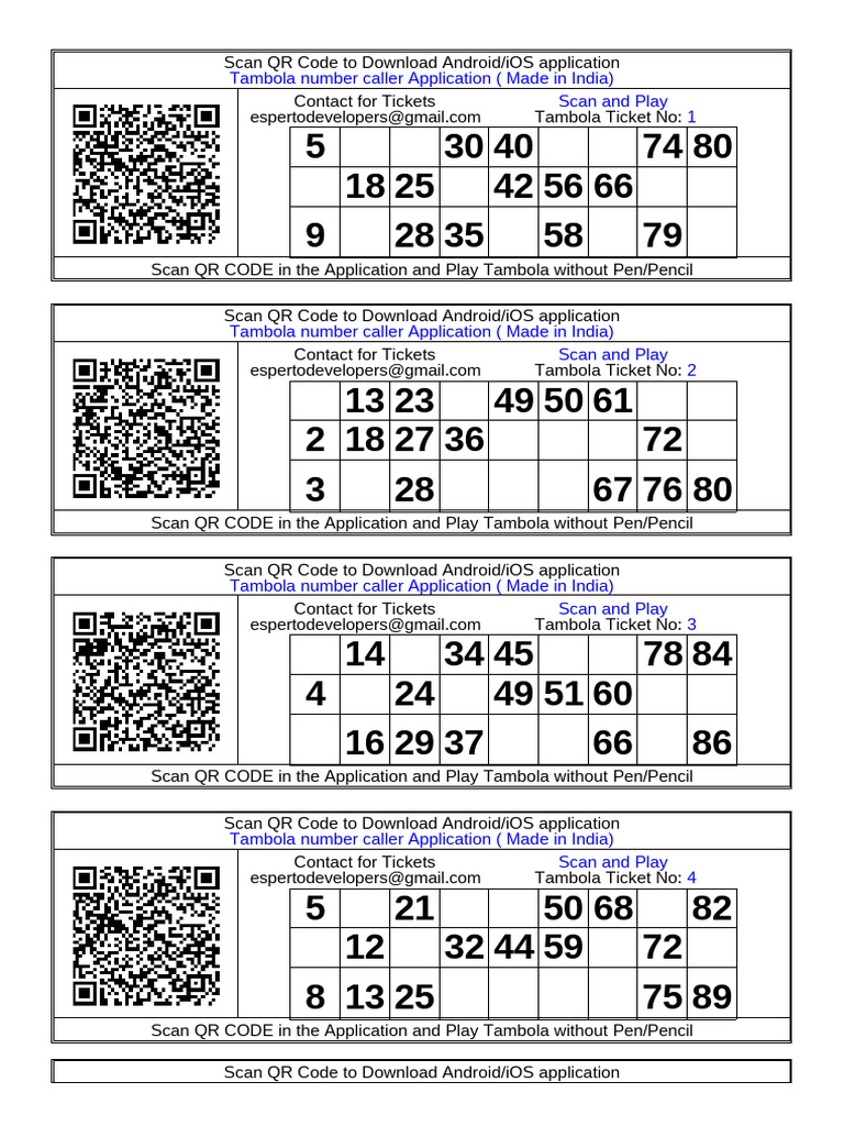 Free Printable Tambola Tickets PDF | PDF | Qr Code | Android (Operating ...