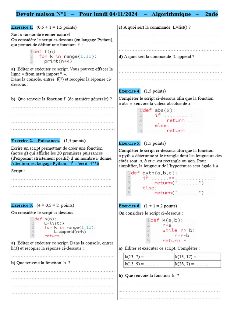 Devoir Algorithmique 2nde - Python | PDF | Méthodes et références ...