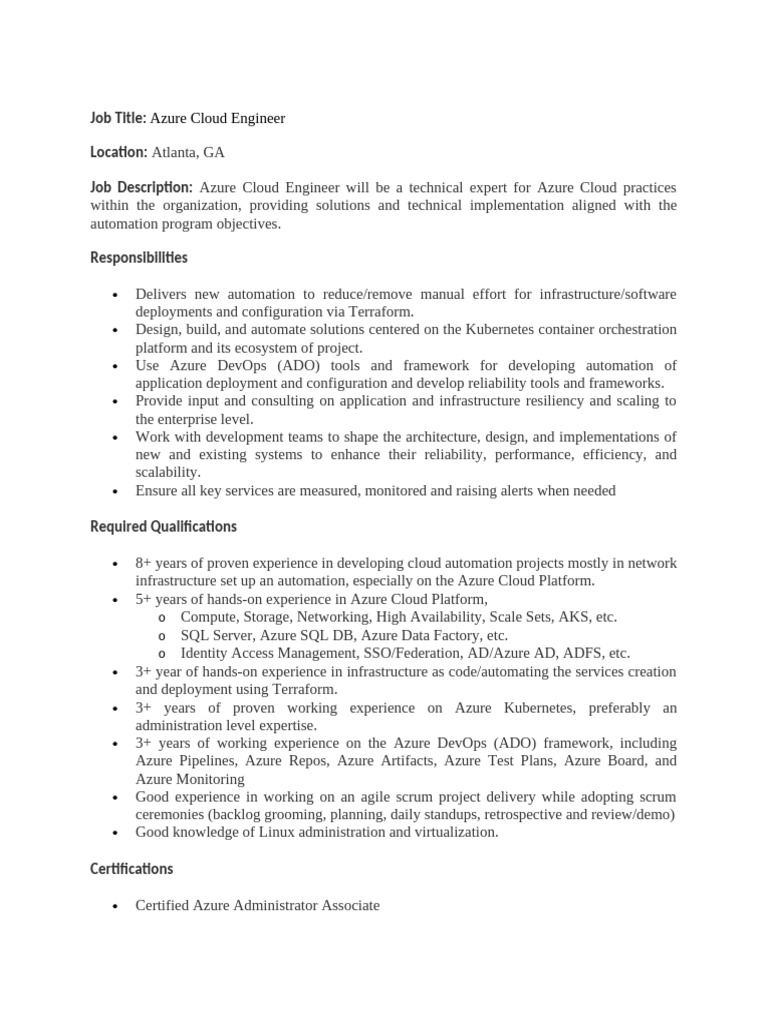 Azure Cloud Engineer Position in Atlanta | PDF | Microsoft Azure ...