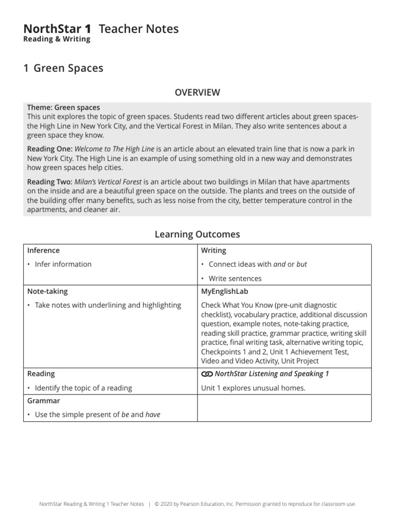 Green Spaces: Teacher Notes for Unit 1 | PDF | Reading Comprehension ...