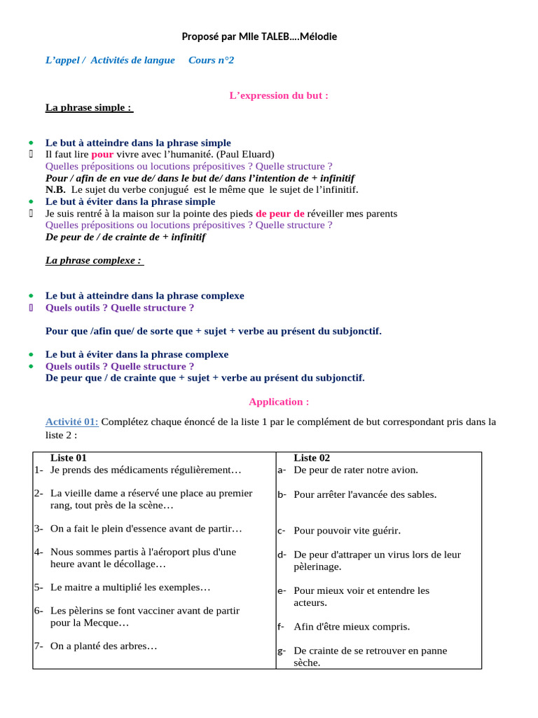 Expressions de but en français | PDF | Phrase | Sujet (Grammaire)