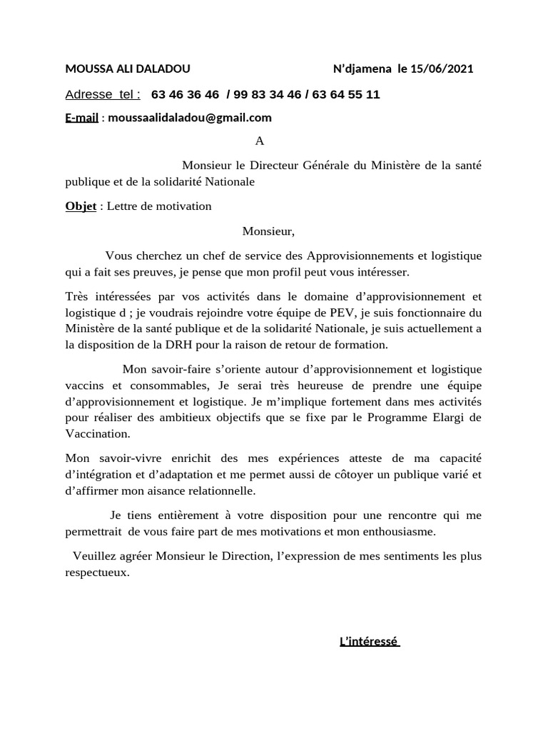 Lettre de motivation pour un poste logistique PDF — free download