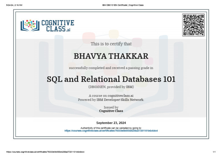 SQL and Relational Databases Certificate | PDF