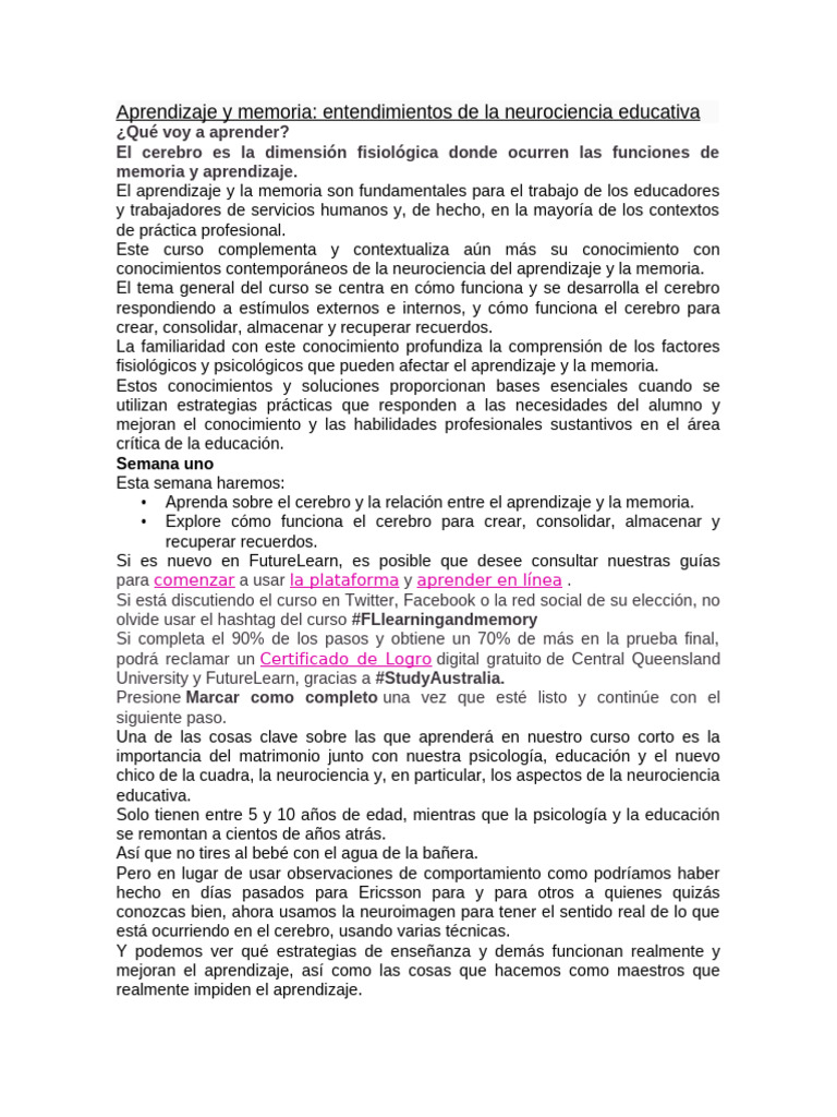 Neurociencia del Aprendizaje y Memoria | PDF | Memoria | Cerebro