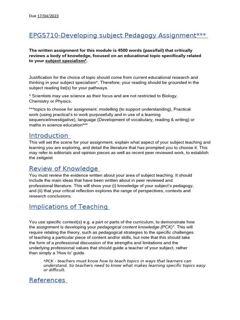 EPGS710 Assignemnt SKELETON | PDF | Pedagogy | Science Education