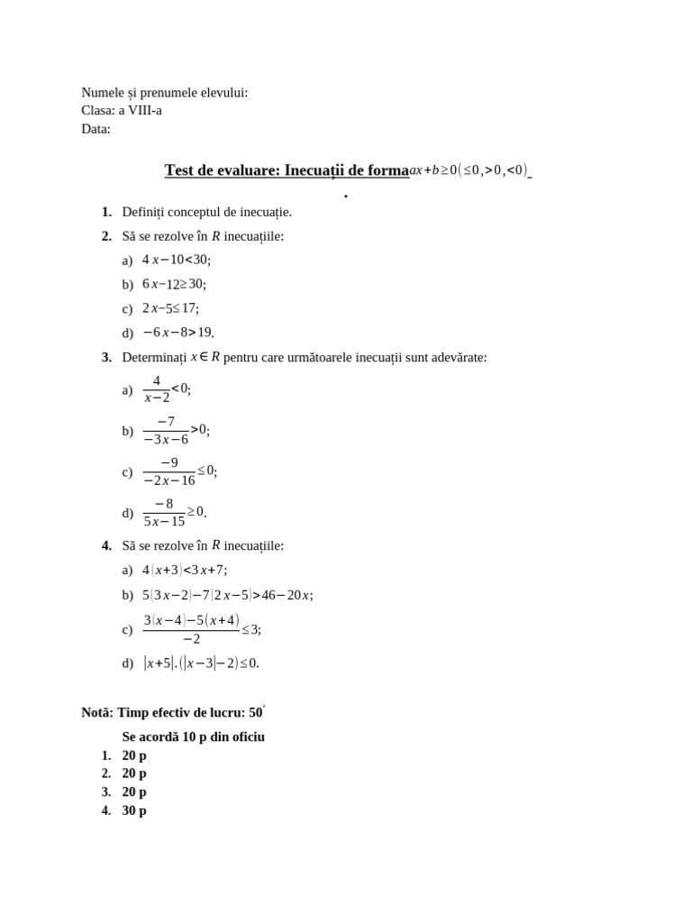 Test Clasa 8 Inecuatii | PDF