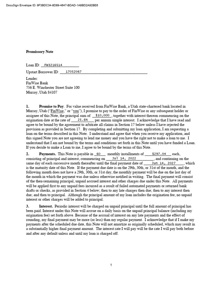 Promissory Note Pdf Arbitration Credit Card