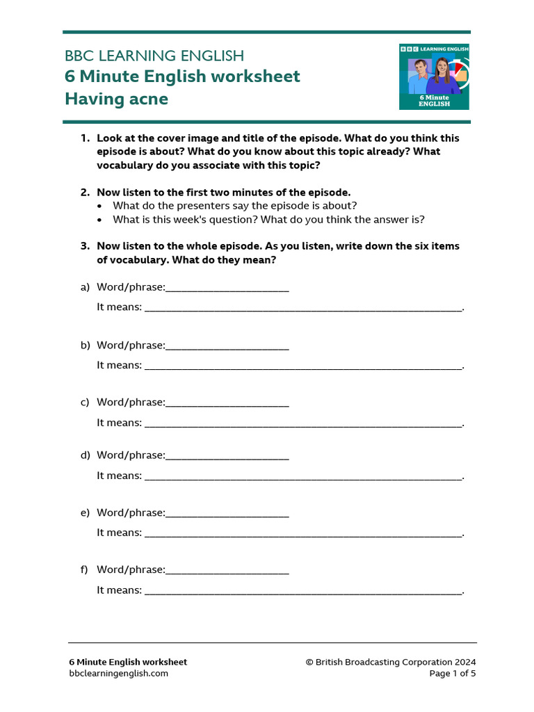6 Minute English Having Acne Worksheet | PDF | Vocabulary | English ...