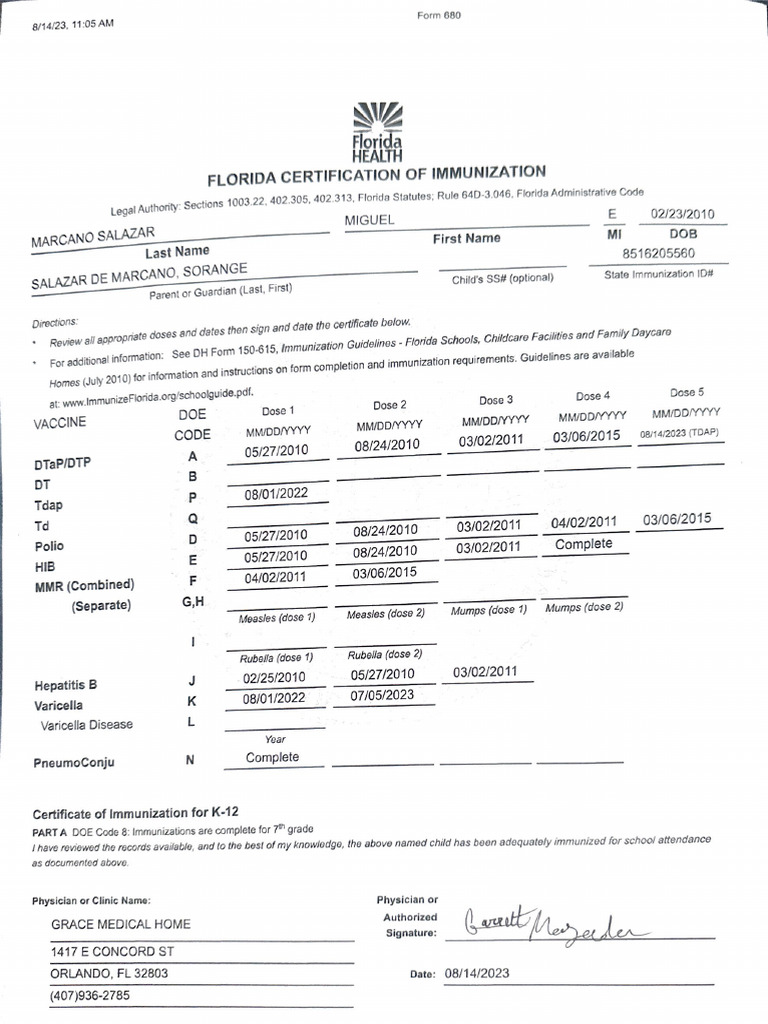 Florida Immunization Certification Form | PDF | Viral Respiratory Tract ...