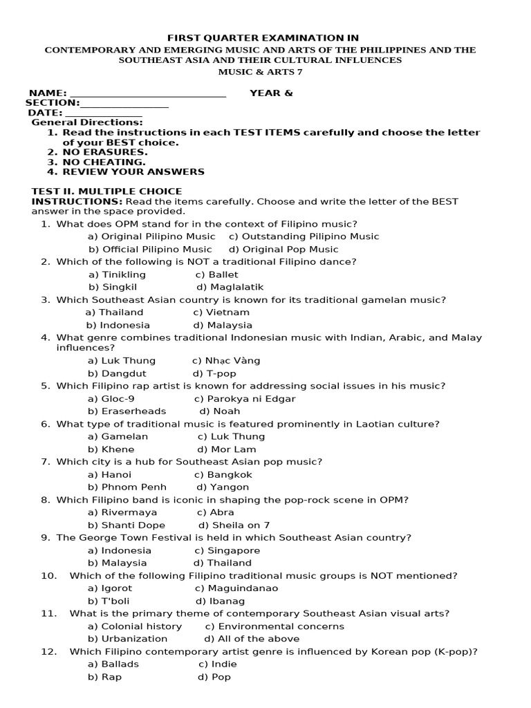 Music 7 Exam | PDF | Performing Arts | Entertainment