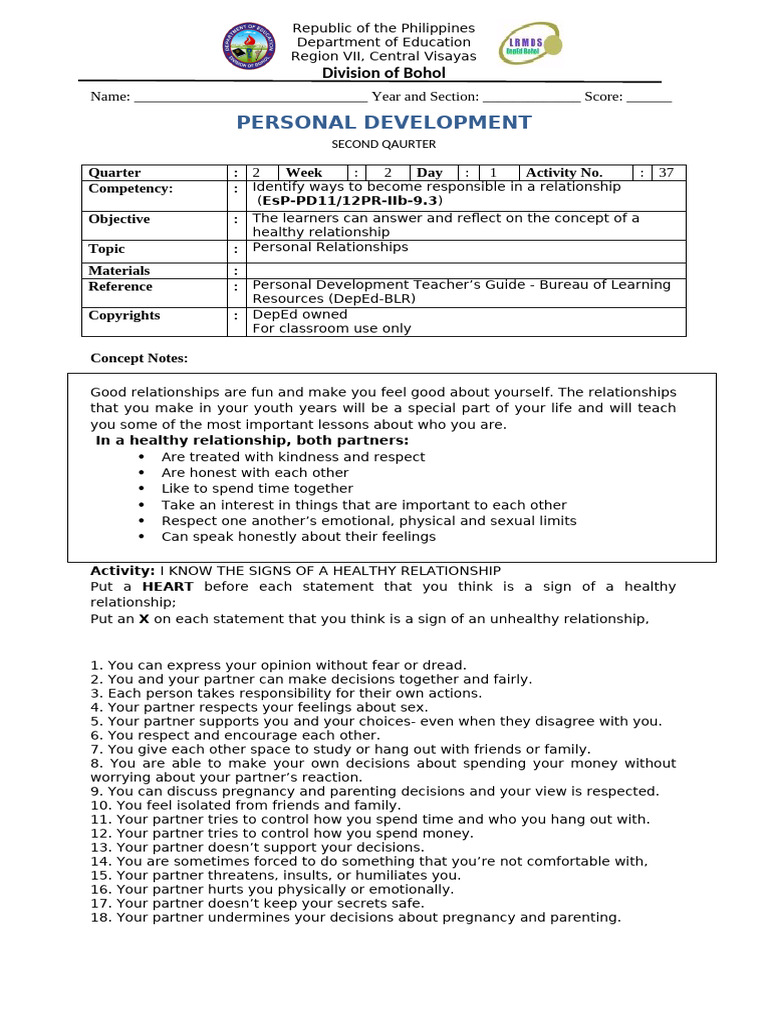 Personal Development: Healthy Relationships | PDF | Adolescence | Learning