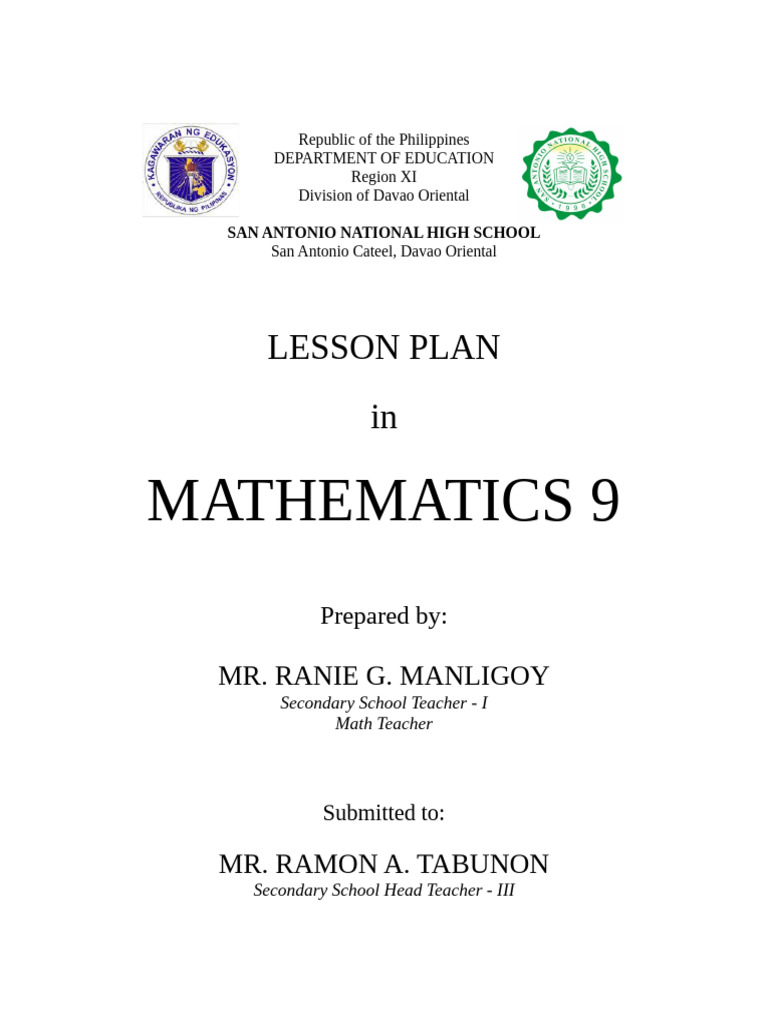 Mathematics 9 Lesson Plan: Quadratic Equations | PDF | Quadratic ...