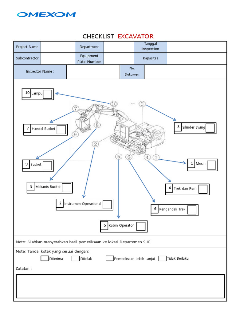 Checklist Inspeksi Excavator Lengkap | PDF