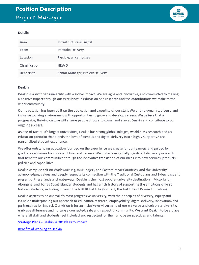 Project Manager Role at Deakin | PDF | Information | Governance