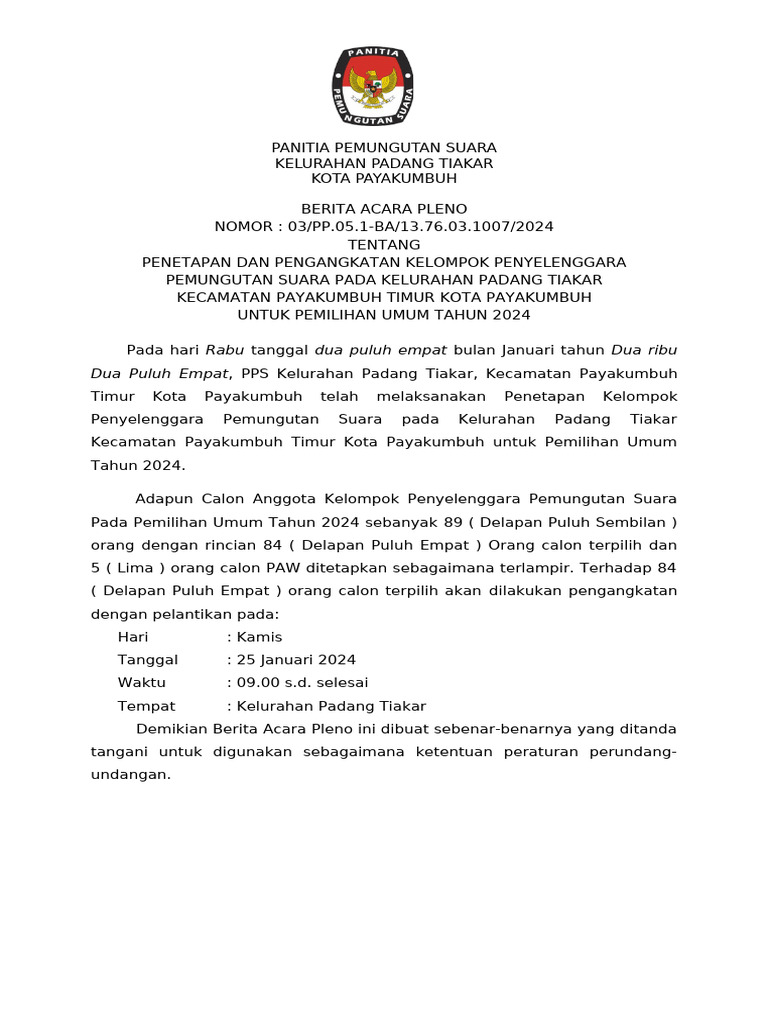 FORMAT BA PPS PENGANGKATAN KPPS KEL PDG TIAKAR Per Abjad | PDF