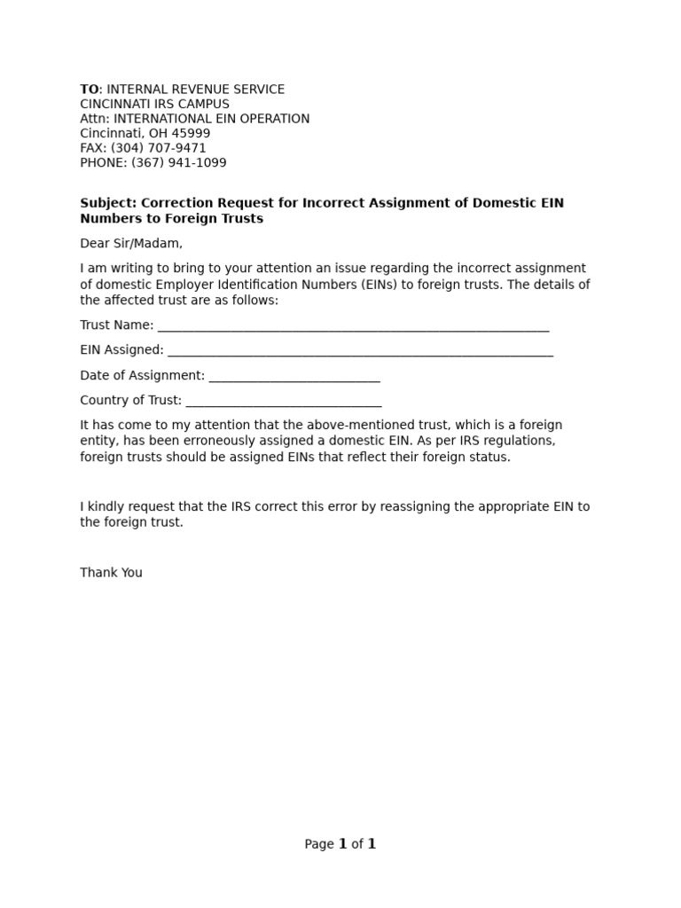 Correction Request for Foreign Trust EIN | PDF