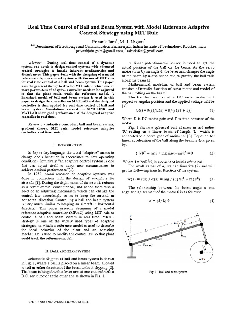 Real-Time Adaptive Control of Ball and Beam | PDF | Control Theory ...