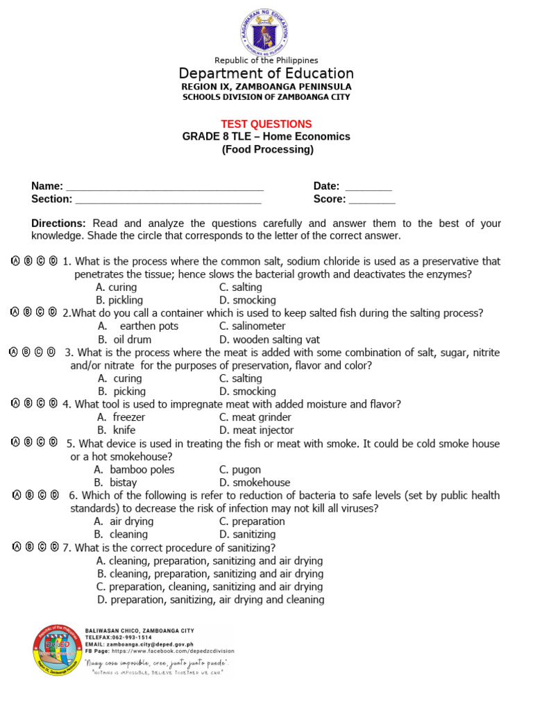 Grade 8 TLE: Food Processing Exam | PDF | Pickling | Poultry