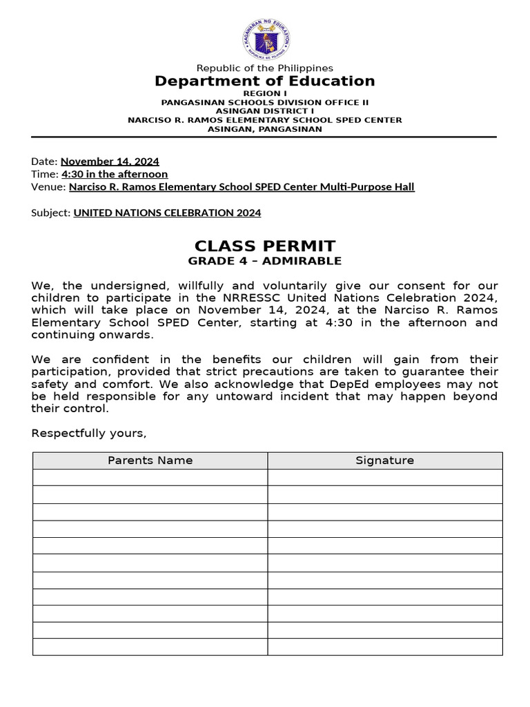 UN Celebration 2024 Class Permit Form | PDF