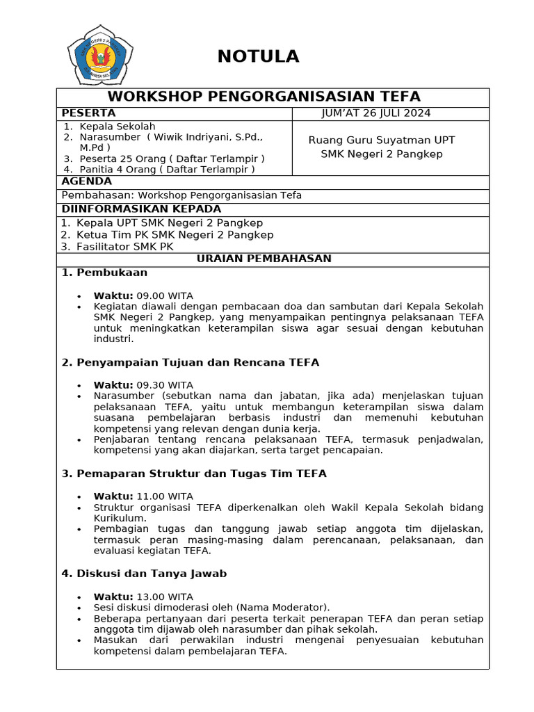 Notula Workshop Pengorganisasian TEFA | PDF
