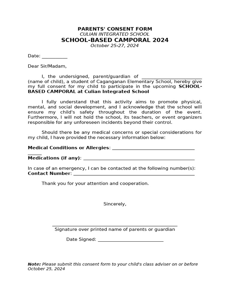 Parents Consent 2024 School Camp | PDF