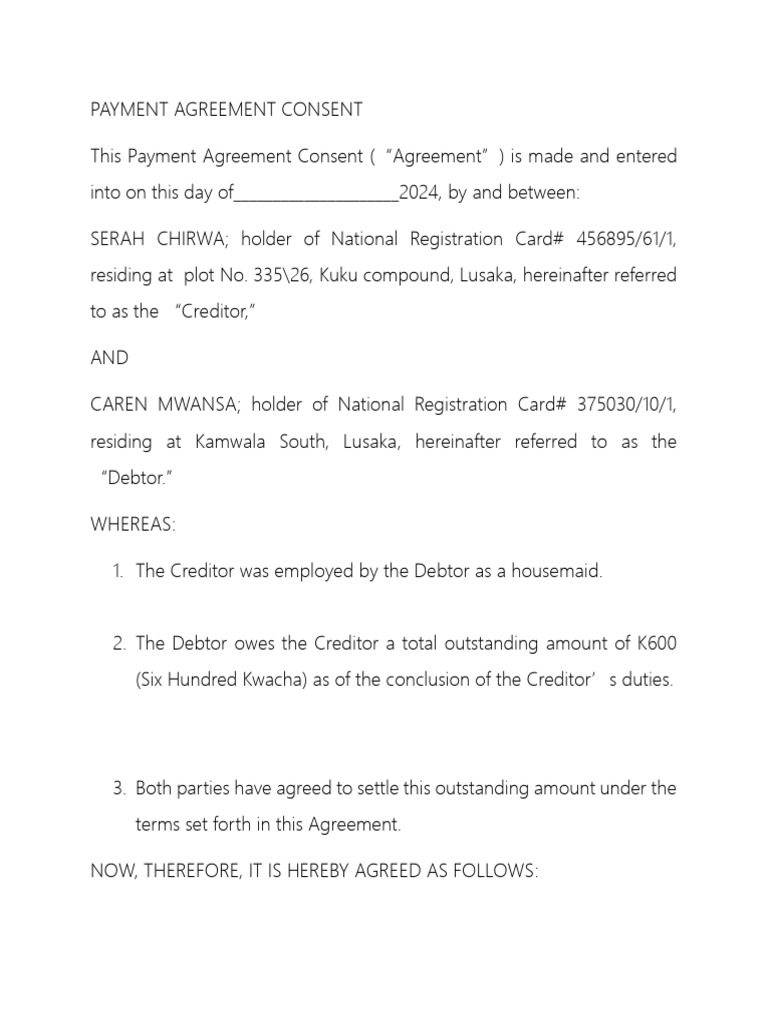 Payment Agreement | PDF | Debtor | Payments