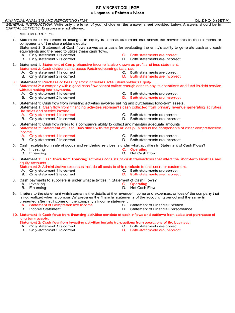 St. Vincent College Financial Quiz 3 | PDF | Expense | Income Statement