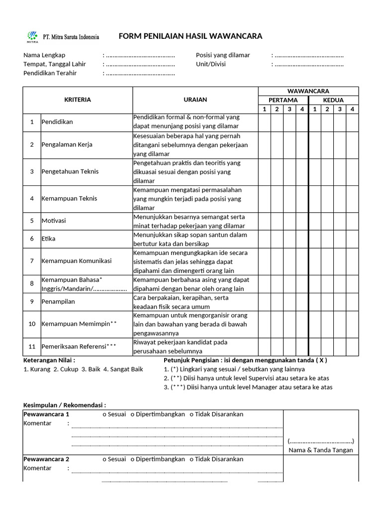 FORM HASIL WAWANCARA (Draft) | PDF | Karier & Perkembangan