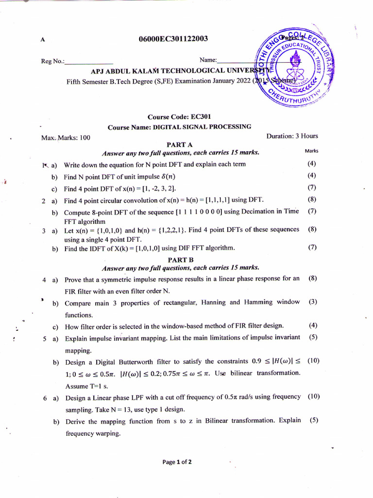 Digital Signal Processing Exam Questions | PDF | Discrete Fourier ...