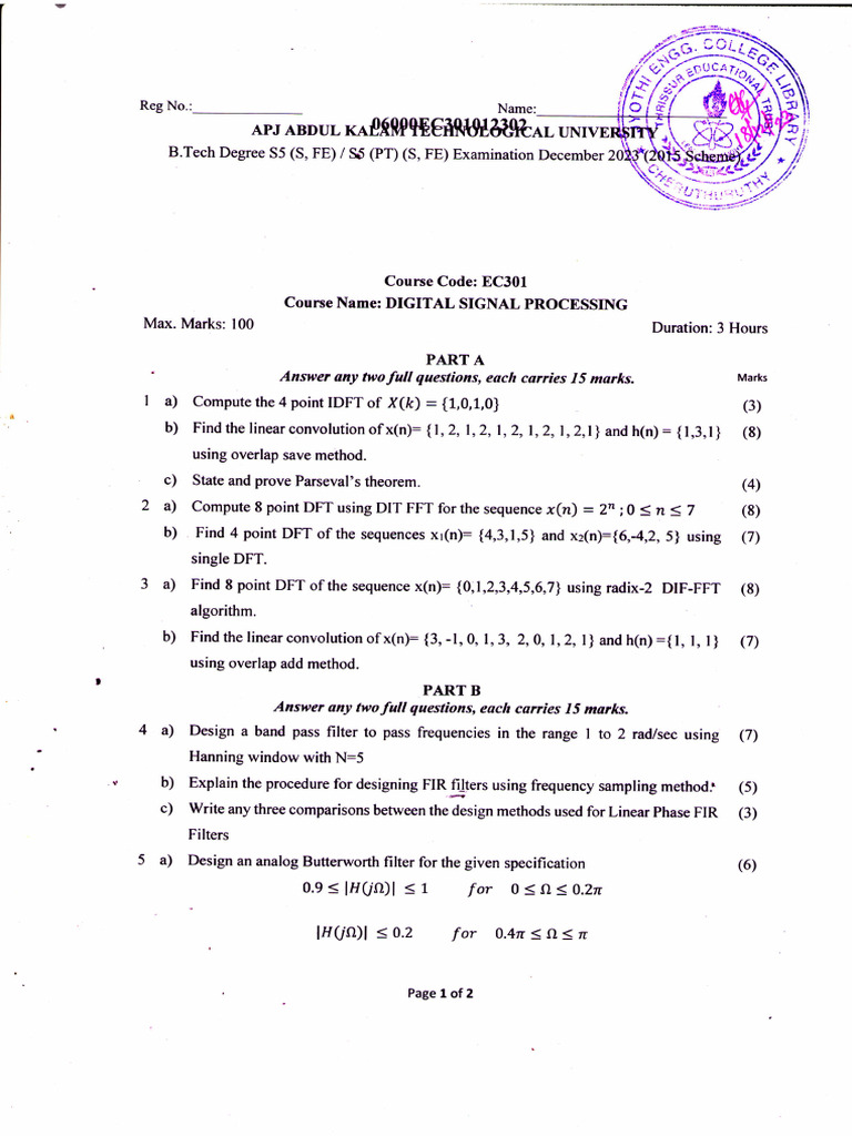 Ec301 Digital Signal Processing, December 2023 | PDF | Discrete Fourier ...