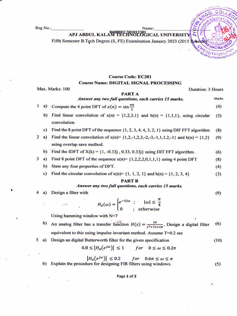 Digital Signal Processing Exam January 2023 | PDF | Discrete Fourier ...