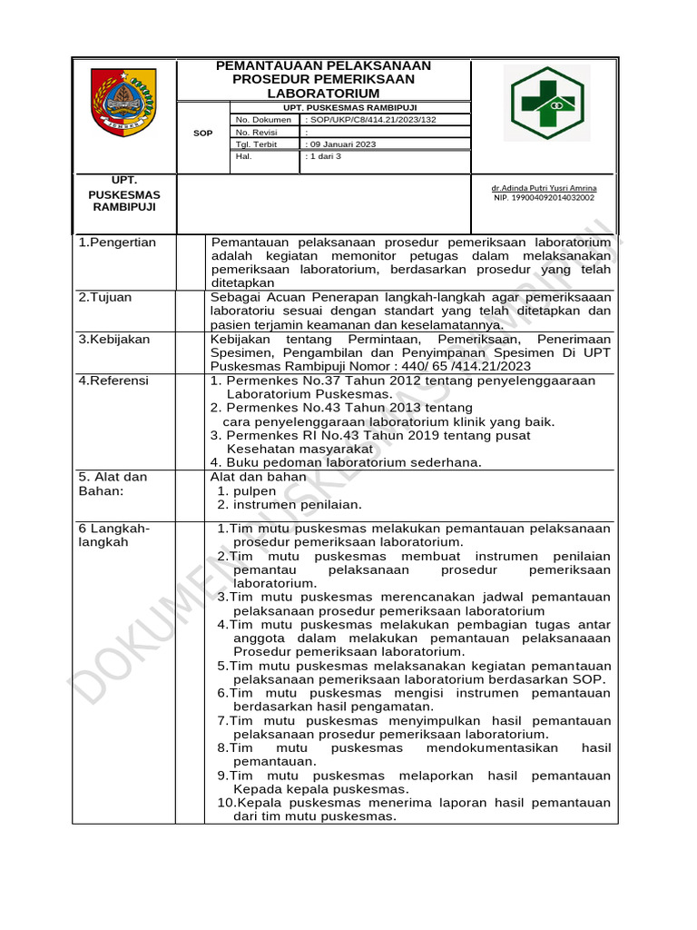 6 SOP Pemantauan Pelaksaan Prosedur Laboratorium | PDF | Sains & Matematika