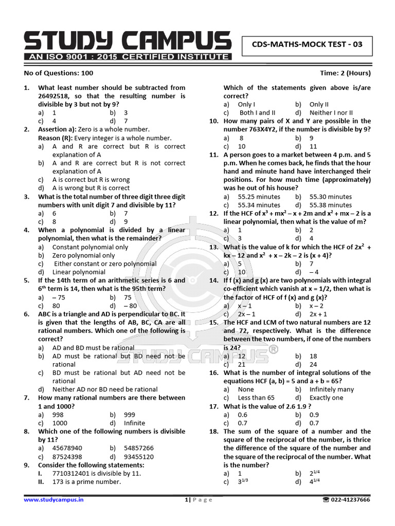 CDS Maths Mock Test 03 PDF | PDF | Polynomial | Integer