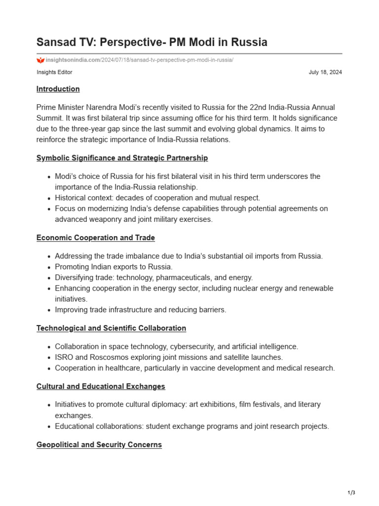 Modi's 2024 Russia Visit Insights | PDF | Russia | World Politics