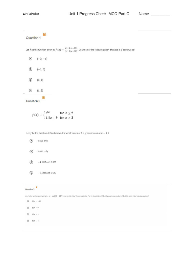 AP Calculus Unit 1 MCQ Progress Check | PDF | Technology & Engineering