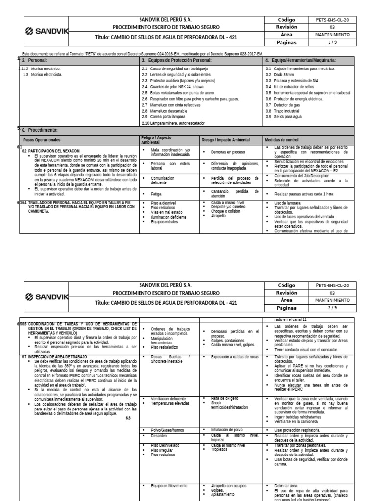 PETS - EHS.CL.20 Cambio de Sellos de Agua de Perforadora DL421 | PDF ...