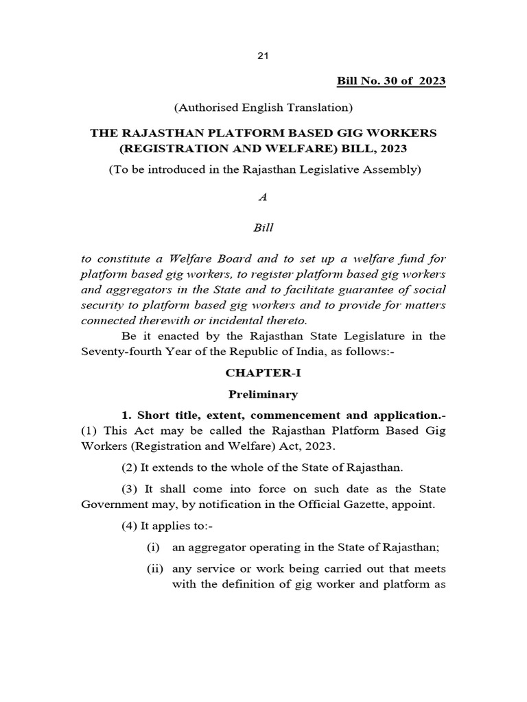 Gig Workers Bill 2023 1690274461 | PDF | Employment | Government