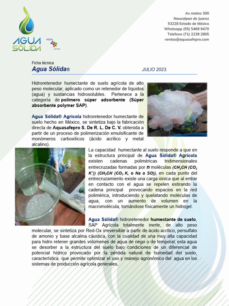 Agua Sólida®: Hidroretenedor Agrícola Eficaz | PDF | Suelo | Agua