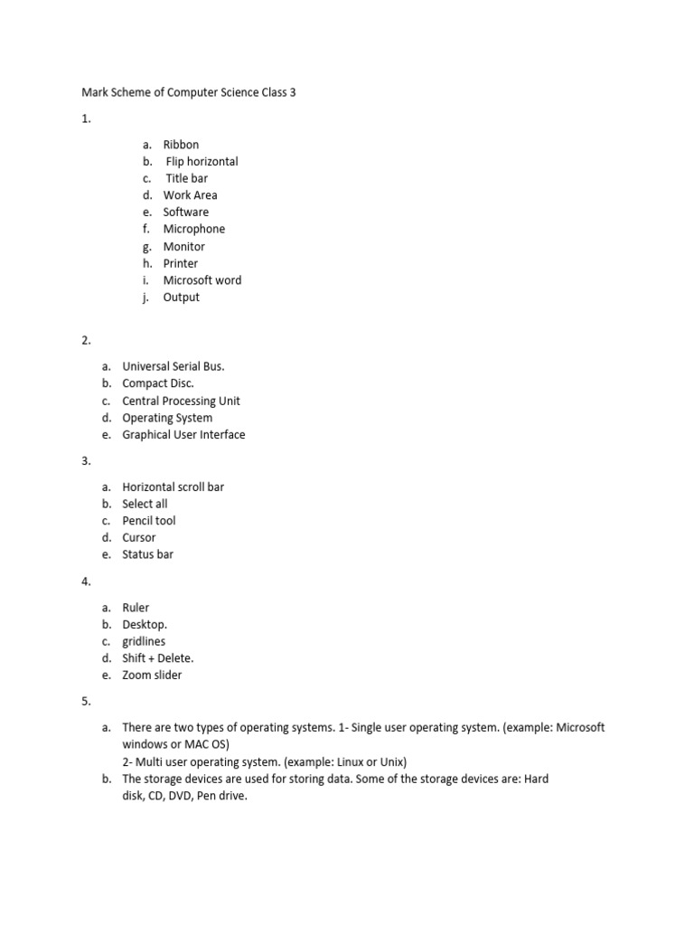 Mark Scheme of CS Class 3 HY | PDF